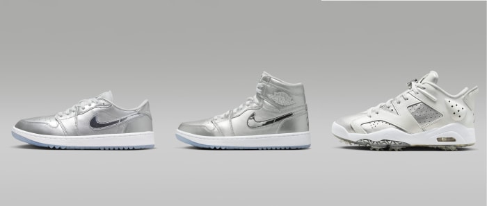 Side view of three silver Air Jordan golf shoes.